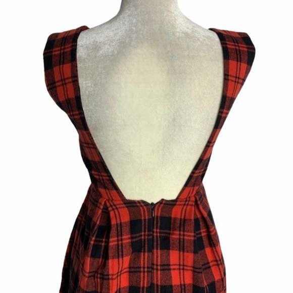 Nana For You Pinafore Wool Midi Dress S Red Plaid Open Back Zip Sleeveless - Picture 3 of 7